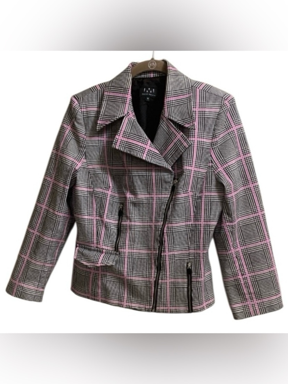David Meister Plaid Moto Zip Jacket Blazer Women’s Size 10 Pink Black V